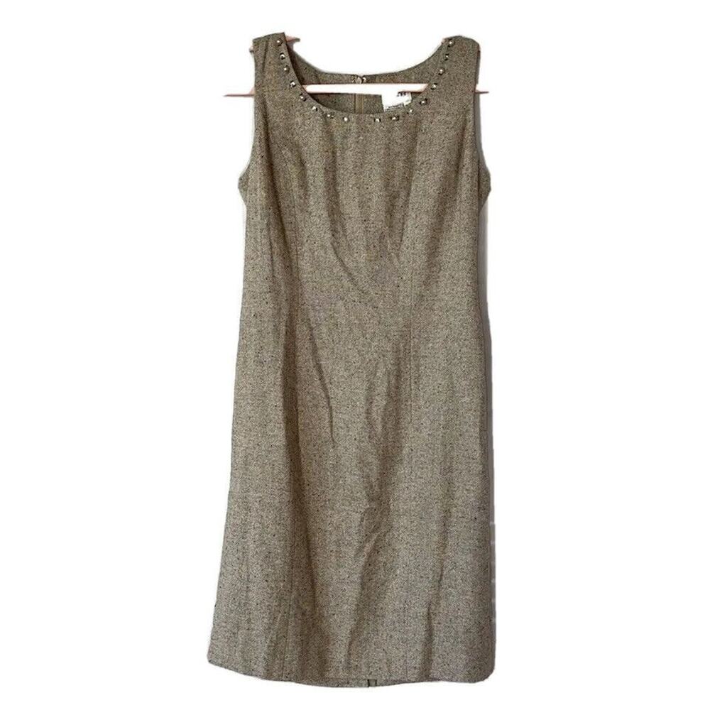 VTG NWOT Together Shift Dress Sz 6 Tan Wool Blend Beaded Neck Line Girl Boss